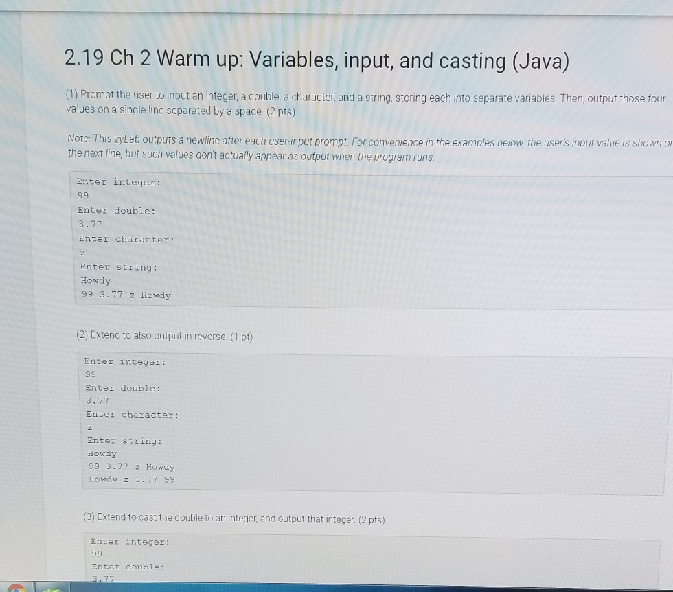 2.19 warm up: variables input and casting java